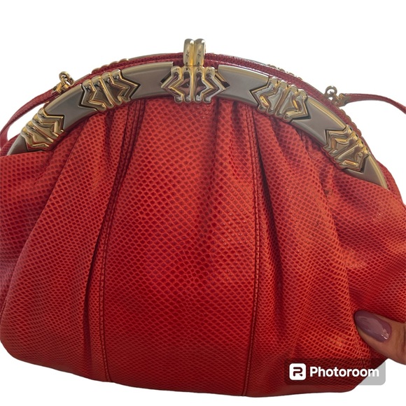EUC Judith Leiber VTG 80s-90s Karung Snakeskin Shoulder/Clutch Handbag RED - Picture 2 of 5